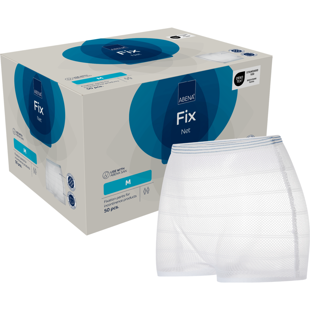 Abgebildet ist eine Schachtel Fixierhosen, ABENA Fix, Net der Abena Re-Seller GmbH (Größe medium) mit einem Paar weißer Netz-Fixierhosen im Vordergrund. Der Markenkarton enthält 50 Stück und weist eine klare Produktbeschriftung auf.