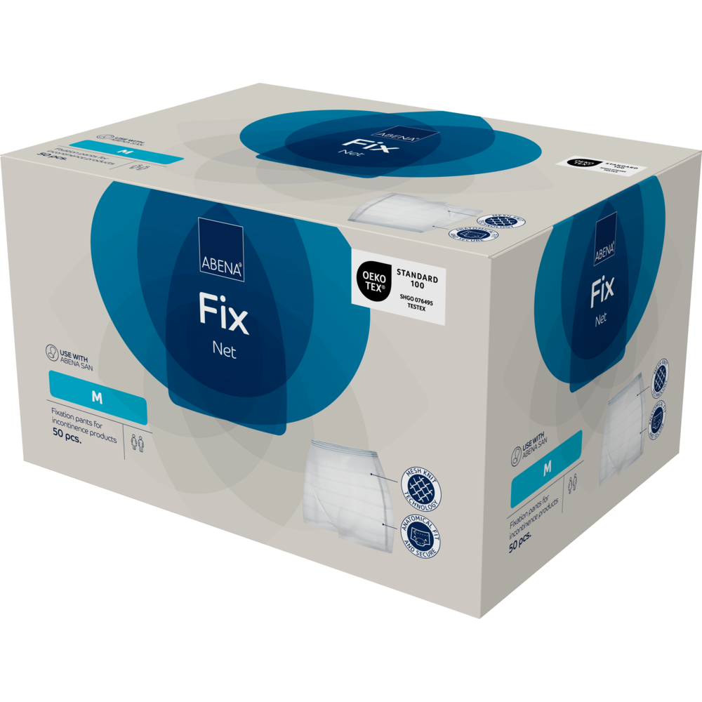 Eine beigefarbene Schachtel der Abena Re-Seller GmbH Fixierhosen, ABENA Fix, Net in mittlerer Größe enthält 50 Stück. Die blau akzentuierte Verpackung mit Bildern und Zertifizierungslogos ist ideal für den sicheren Gebrauch mit Inkontinenzprodukten.