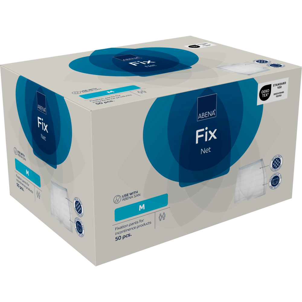 Eine rechteckige Schachtel der Abena Re-Seller GmbH Fixierhosen, ABENA Fix Net, enthält 50 mittelgroße Stücke. Die beigefarbene Schachtel mit blauen Akzenten zeigt Produktbilder und Symbole, die wichtige Details über diese Inkontinenzprodukte hervorheben.