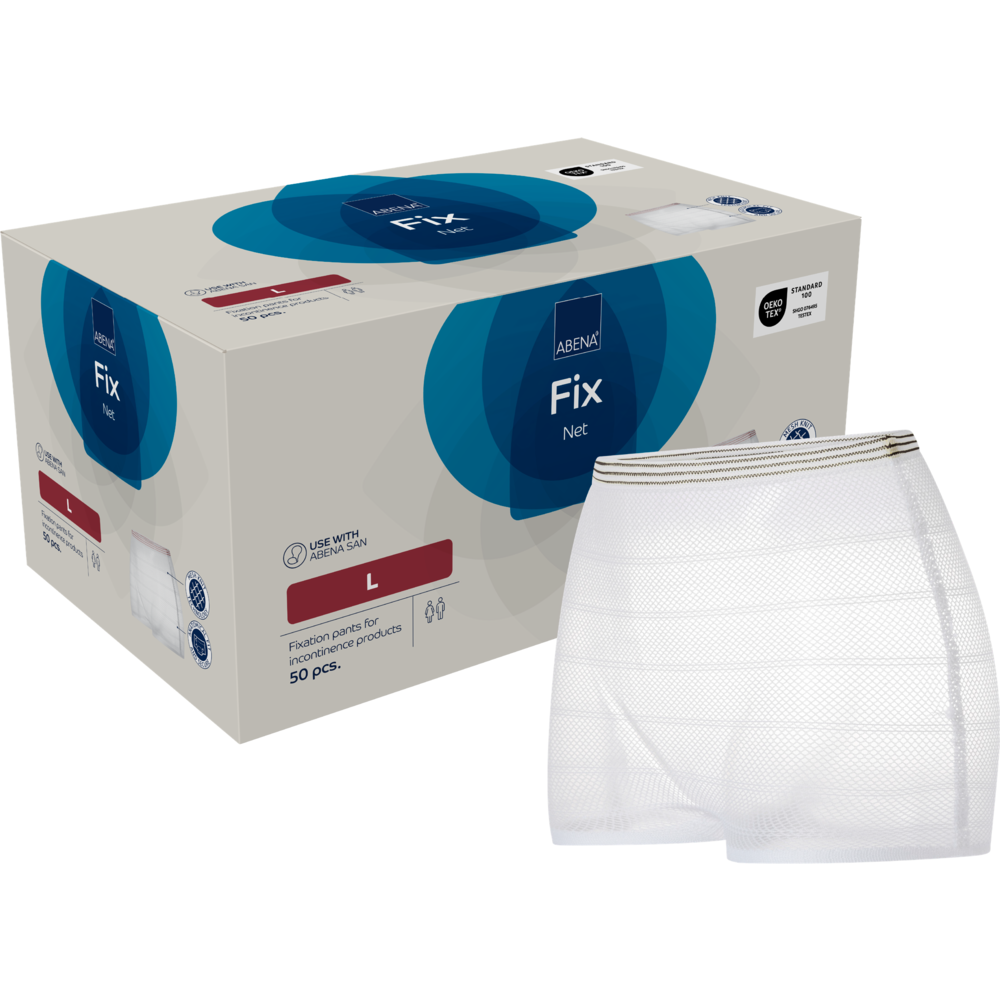 Eine Schachtel Fixierhosen, ABENA Fix, Net by Abena Re-Seller GmbH Großformat zur Fixierung von Inkontinenzprodukten, mit Produktname, Größe und Anwendungshinweisen; vorne ist ein Muster der weißen Netzhose abgebildet.