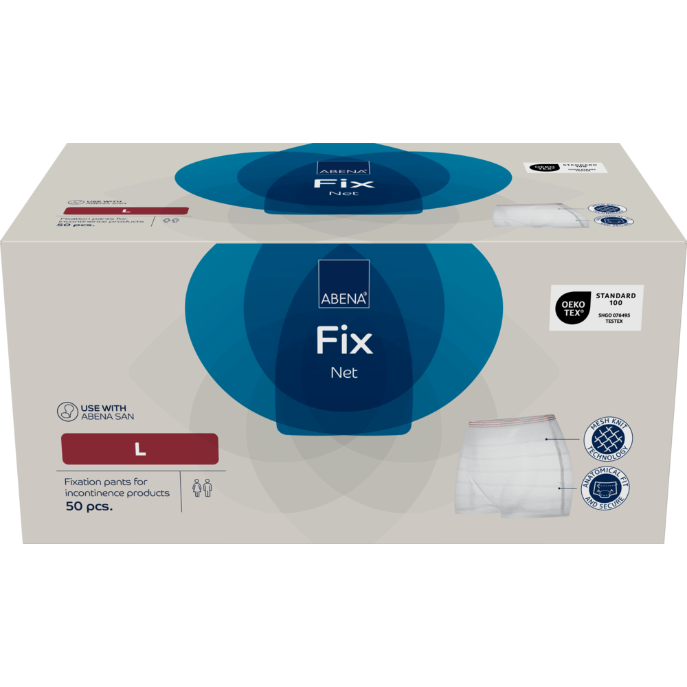 Eine rechteckige Schachtel der Abena Re-Seller GmbH Fixierhosen, ABENA Fix, Net, Größe L, enthält 50 Stück. Die überwiegend weiße Verpackung hat blaue und rote Akzente mit Produktbildern auf der Vorderseite.