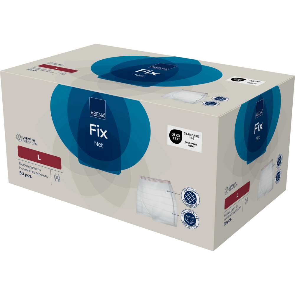 Eine rechteckige Schachtel der Abena Re-Seller GmbH Fixierhosen, ABENA Fix, Netz (groß), 50 Stück, besteht aus einer überwiegend weißen Verpackung mit blauen Akzenten und Produktbildern, die Größen- und Inkontinenzproduktinformationen zeigen.