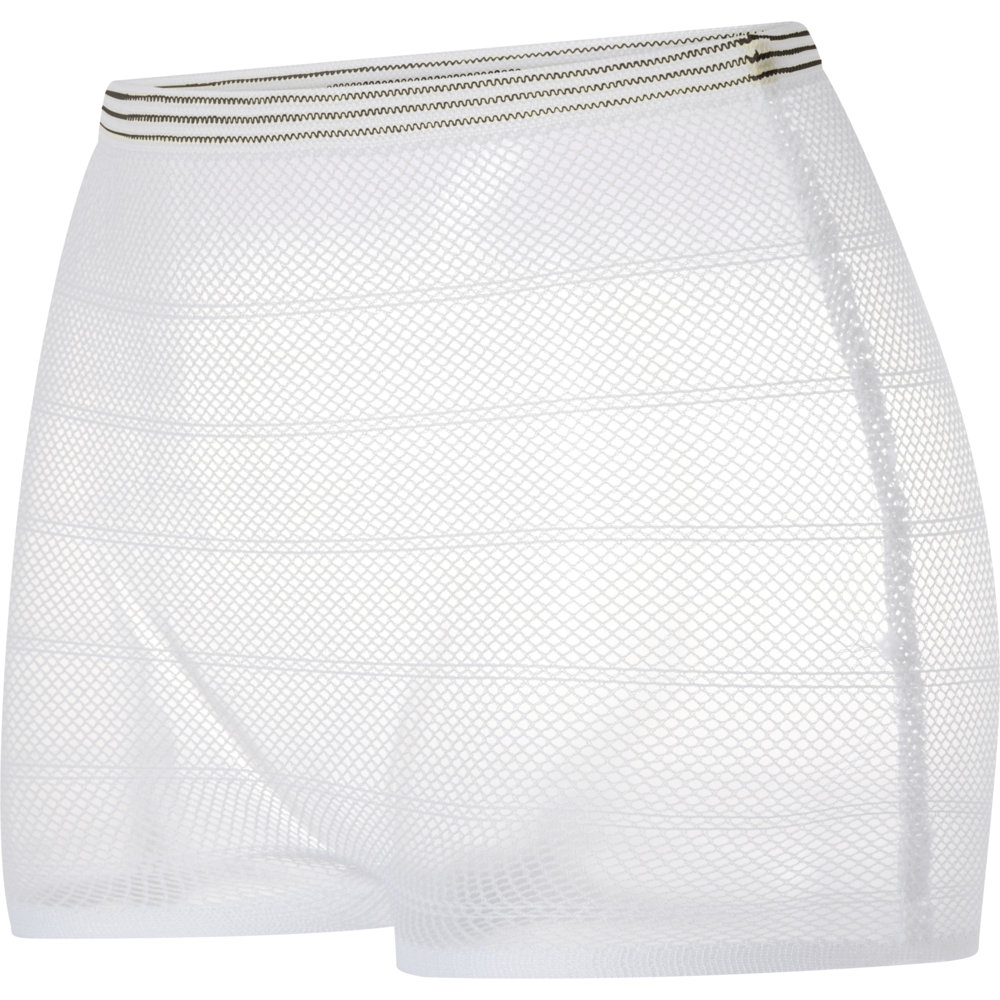 Die Abena Re-Seller GmbH Fixierhosen ABENA Fix Net sind weiße, hochtaillierte Netzshorts mit schwarz-gold gestreiftem Bund, die als durchscheinende ABENA Fix Inkontinenzprodukte für einen sicheren und bequemen Sitz sorgen.