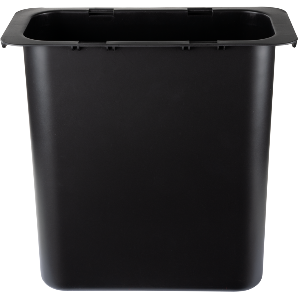 The Abena Re-Seller GmbH waste container 10.2 l for Sækko Boy (1 piece), a simple rectangular black plastic bin with a wide rim and slanted sides, is ideal for the kitchen and is shown on a white background.