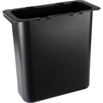 The Abena Re-Seller GmbH waste container 10.2 l, for Sækko Boy (1 piece) is a simple, rectangular, black plastic bin with a wide rim and no lid, ideal for use in the kitchen and office. Pictured against a white background.