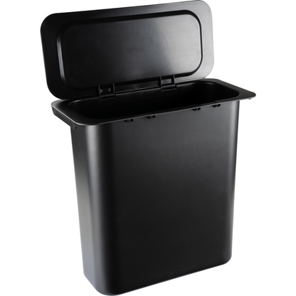 Pictured is a black plastic Abena Re-Seller GmbH waste container 10.2 l for Sækko Boy trash can with an open hinged lid against a plain white background. Packaging: 1 piece.