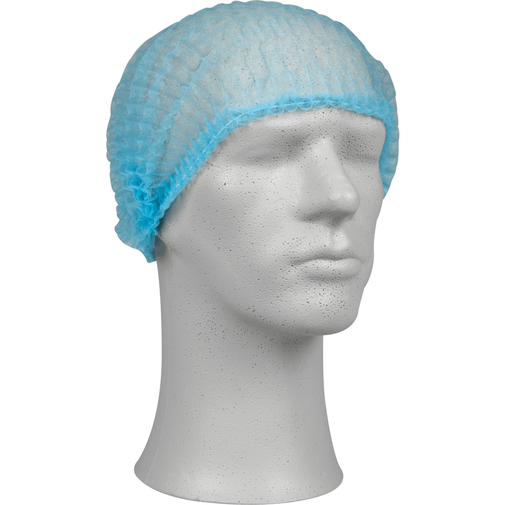 A white mannequin head wears a light blue Abena Re-Seller GmbH clip cap, PP, which is ideal for medical facilities and as hygienic protection thanks to its thin fleece material.