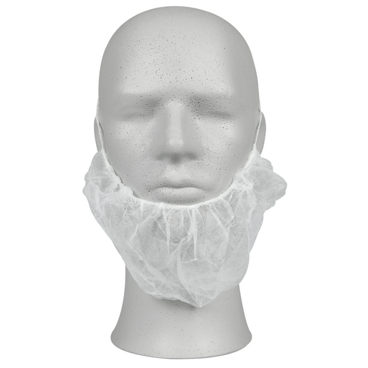 Ein weißer Schaufensterkopf trägt eine Barthaube der Abena Re-Seller GmbH Bartschutz, PP, Weiß (Packung: 100 Paare), die aus leichtem Vliesstoff besteht und mit Gummibändern um Kinn und Gesicht befestigt ist.