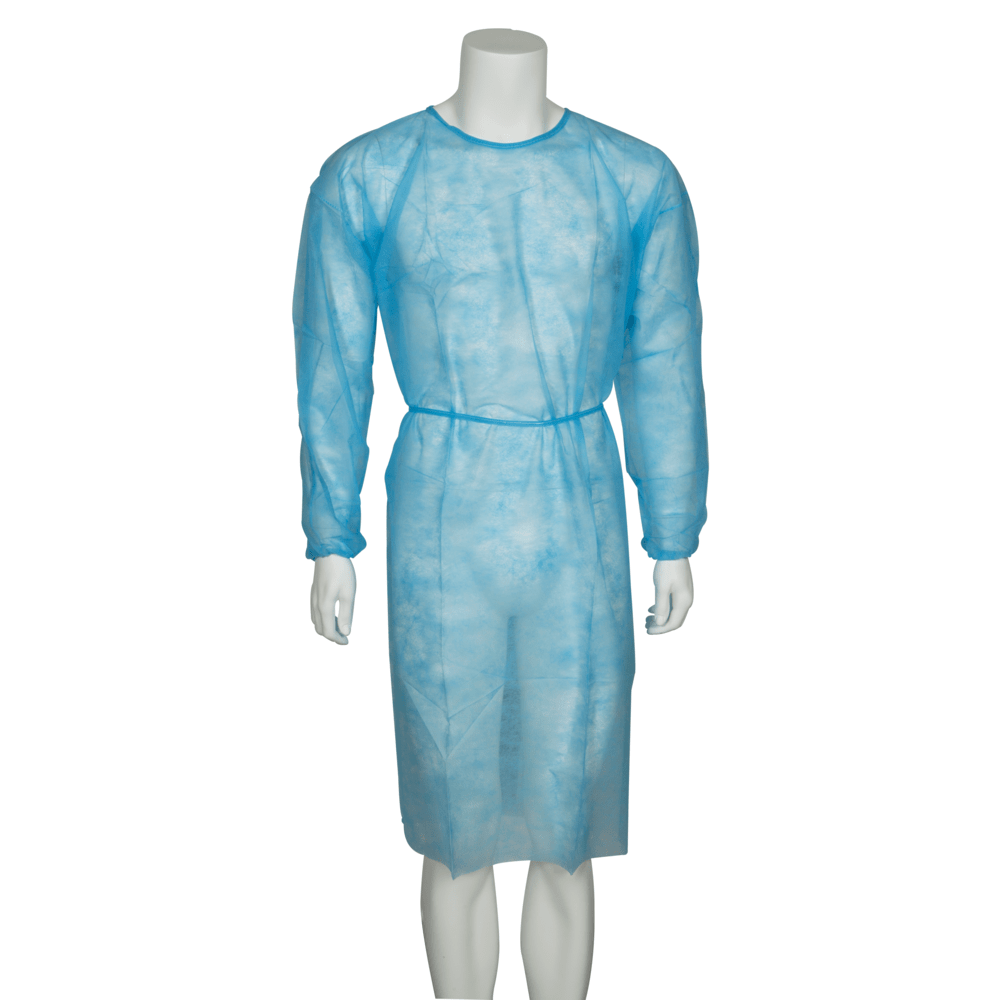 A mannequin models the visitor coat, Nonwoven/PP, Blue from Abena Re-Seller GmbH: a light blue, long-sleeved coat with a waist belt and knee-length cut, designed for full protection in medical facilities.