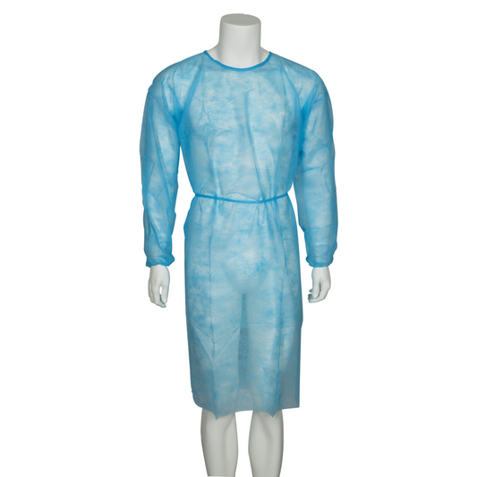 Eine Schaufensterpuppe modelliert den Besucherkittel, Nonwoven/PP, Blau der Abena Re-Seller GmbH: ein hellblauer, langärmeliger Kittel mit Taillengürtel und knielangem Schnitt, der für den Vollschutz in medizinischen Einrichtungen konzipiert ist.