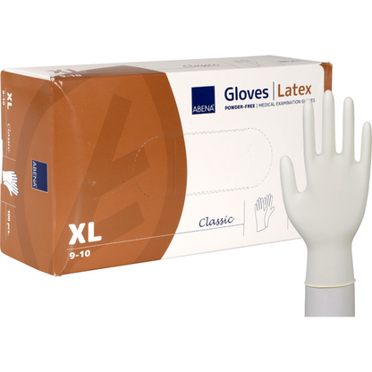 A box labeled "Abena Re-Seller GmbH Latex Gloves Classic, Powder-free, Natural" with an image of a latex glove and an upright standing latex glove in front of the box.