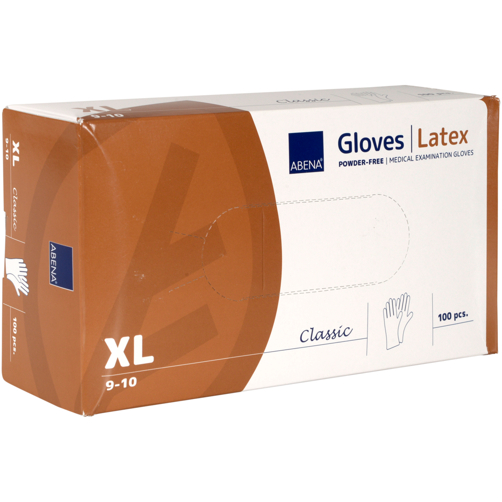 A rectangular box of Abena Re-Seller GmbH Latex Gloves Classic, Powder-free, Natural in size XL (9-10), for medical use in healthcare facilities, contains 100 gloves. The white-brown box is labeled with text and graphics of the glove size.