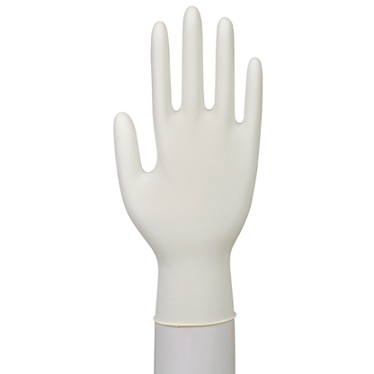 A Latex Glove "Classic, Powder-free, Natural" from Abena Re-Seller GmbH stands upright with splayed fingers on a cylindrical stand against a white background - optimal for medical facilities.