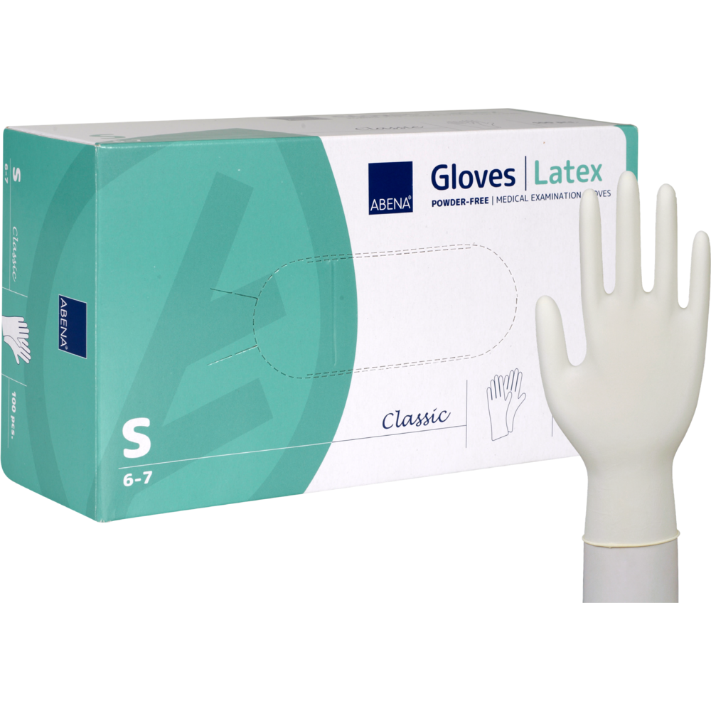 A box of Abena Re-Seller GmbH Latex Gloves Classic, Powder-Free, Natural in size small (6-7), with a glove worn on a raised hand. The white-green box shows product details and is ideal for medical facilities.