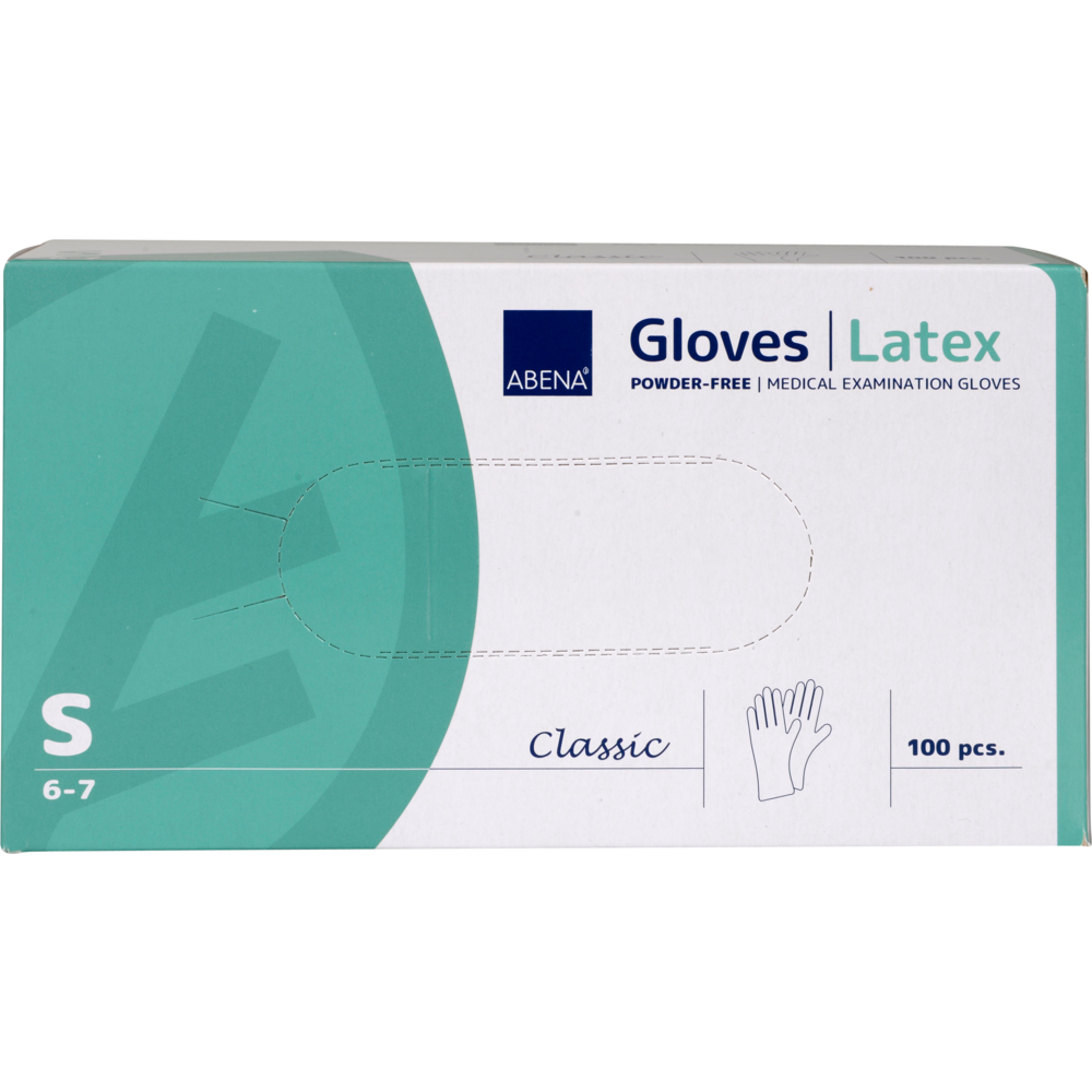 A box Abena Re-Seller GmbH Latex Gloves Classic, powder-free, natural, size S (6-7), contains 100 pieces. The predominantly teal-white box shows product details and a glove illustration on the front.