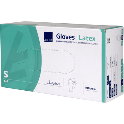 A box Abena Re-Seller GmbH Latex Gloves Classic, powder-free, natural, size S - perfect for medical applications. Contains 100 pieces. The mostly white-turquoise box shows product details on the sides.