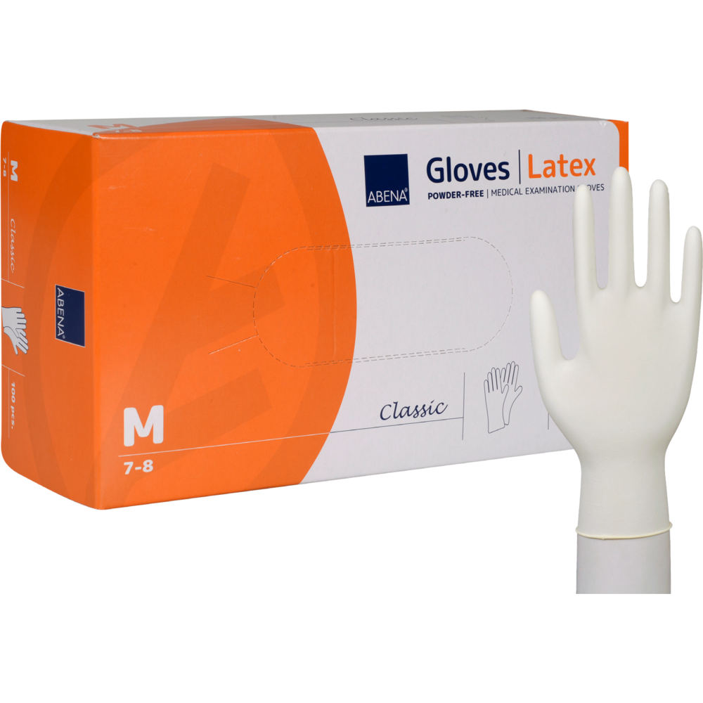 A pack of Abena Re-Seller GmbH Latex Gloves Classic, powder-free, natural, size Medium (7-8); a white glove stands upright in front of the predominantly white-orange packaging.