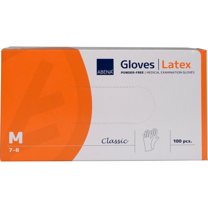 A rectangular box from Abena Re-Seller GmbH Latex Gloves Classic, Powder-Free, Natural, size medium (7-8). The white-orange box contains 100 gloves with a hand illustration - ideal for medical facilities.