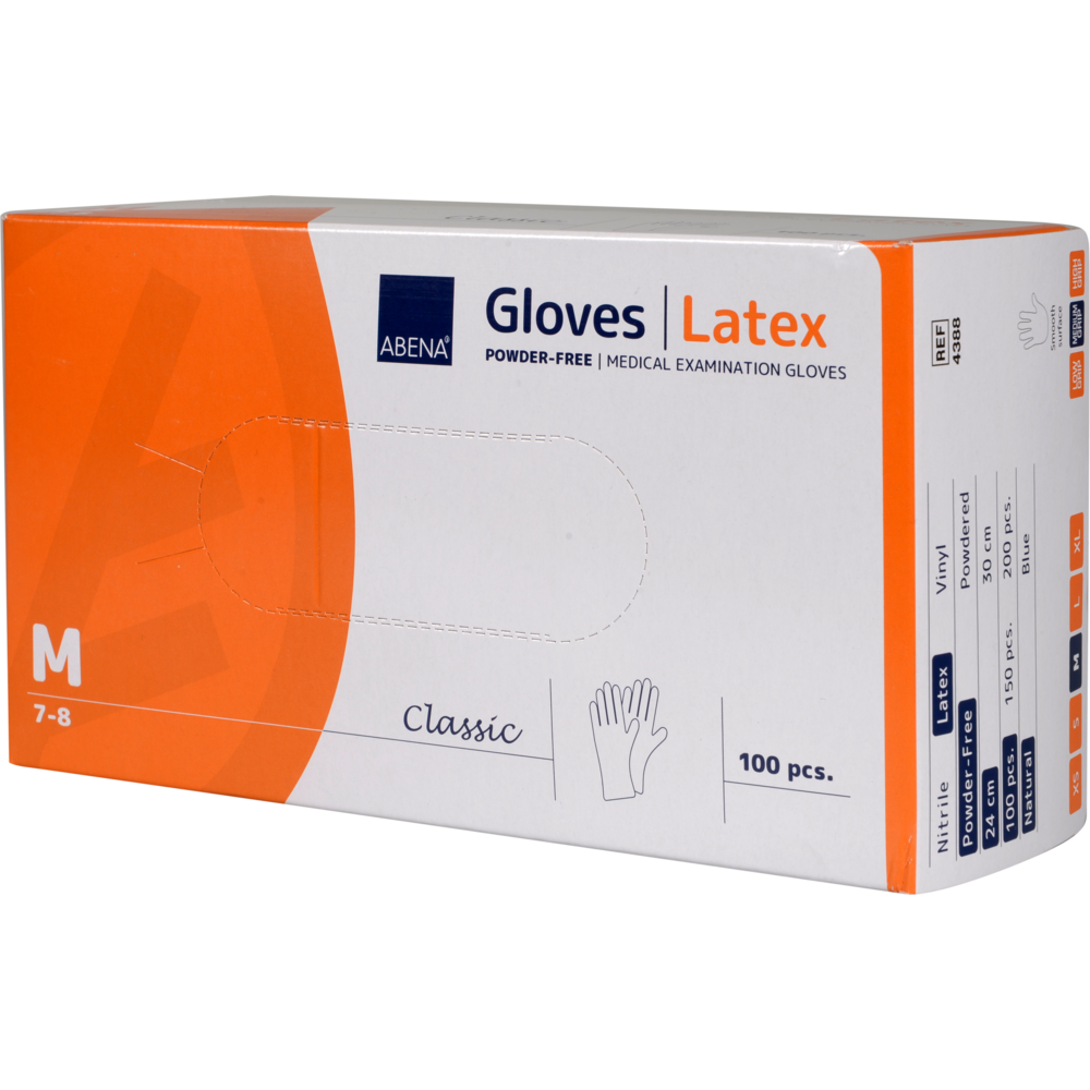 Eine rechteckige Schachtel Latex-Handschuhe Classic, Puderfrei, Natur von Abena Re-Seller GmbH, Größe medium (7-8), enthält 100 Stück. Die weiß-orangefarbene Verpackung zeigt Produktdetails und eine Handschuh-Illustration - ideal für den medizinischen Einsatz.