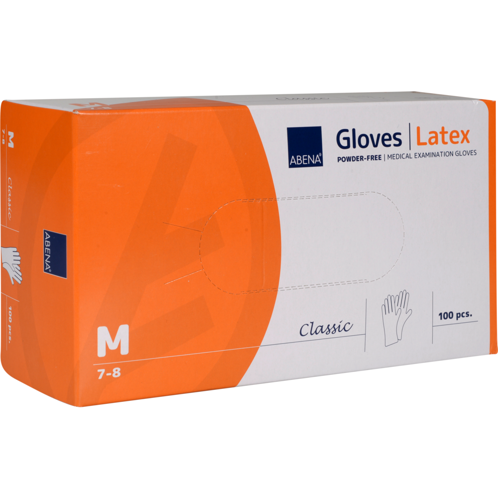 A rectangular orange-white box with the inscription "Latex Gloves Classic, Powder-Free, Natural" by Abena Re-Seller GmbH contains 100 gloves of size Medium (7-8). On the front are an illustrated glove and the word "Classic" - ideal for medical use.