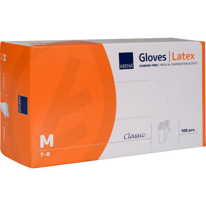A rectangular orange-white box with the inscription "Latex Gloves Classic, Powder-Free, Natural" by Abena Re-Seller GmbH contains 100 gloves of size Medium (7-8). On the front are an illustrated glove and the word "Classic" - ideal for medical use.