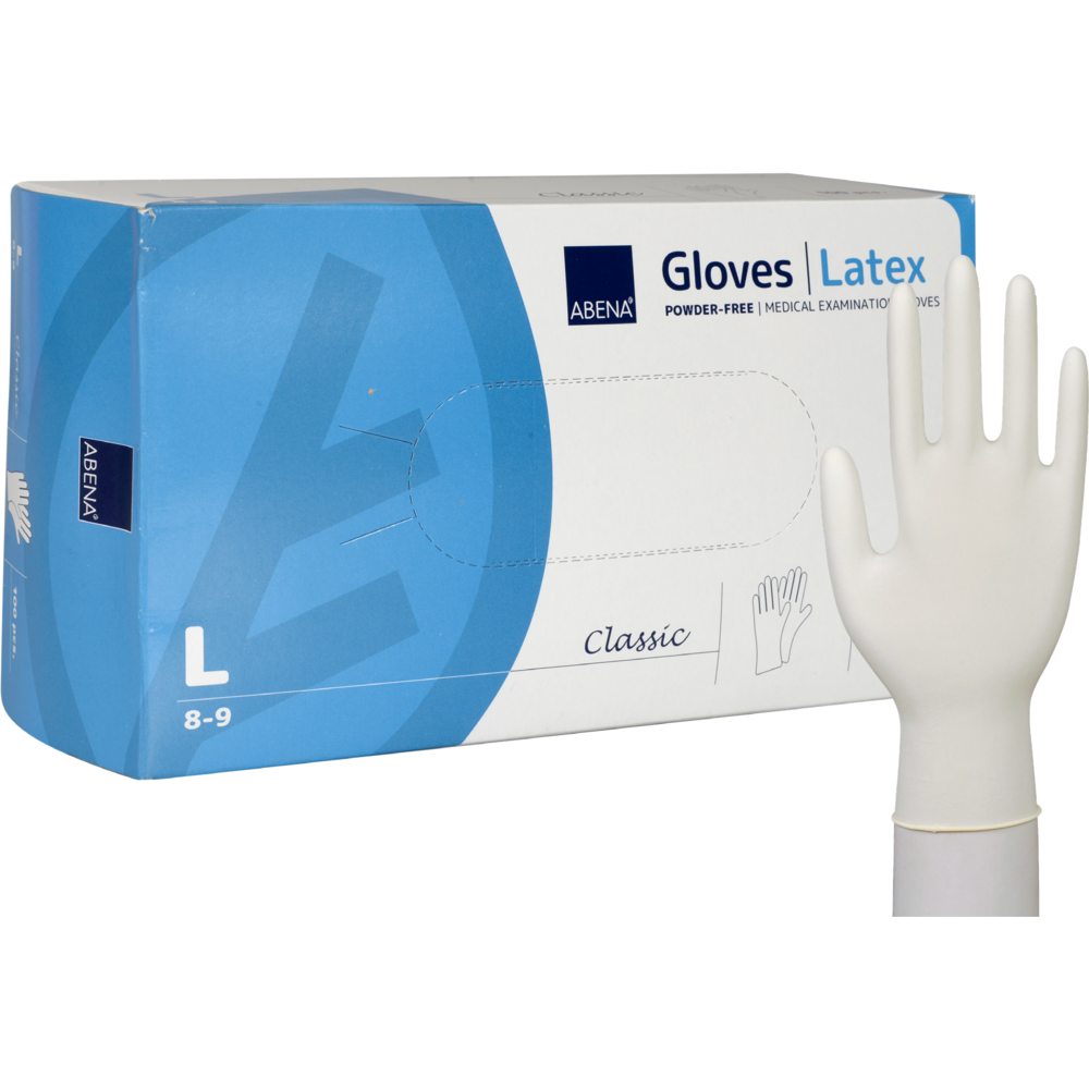 Eine Packung Abena Re-Seller GmbH Latex-Handschuhe Classic, puderfrei, natur, Größe L (8-9), mit weißem Handschuh stehend vor der blau-weißen Verpackung - ideal für den Einsatz in medizinischen Einrichtungen.