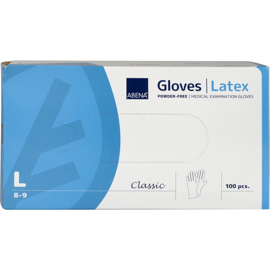 Eine blau-weiße Schachtel mit der Aufschrift "Abena Re-Seller GmbH Latex-Handschuhe Classic, Puderfrei, Natur", Größe large (8-9), für medizinische Einrichtungen, enthält 100 Handschuhe. Auf der Vorderseite befindet sich eine Handschuhabbildung.
