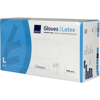 A box with 100 Latex Gloves Classic, powder-free and natural by Abena Re-Seller GmbH, size L - ideal for medical facilities. The packaging shows product details and a line drawing of a gloved hand.