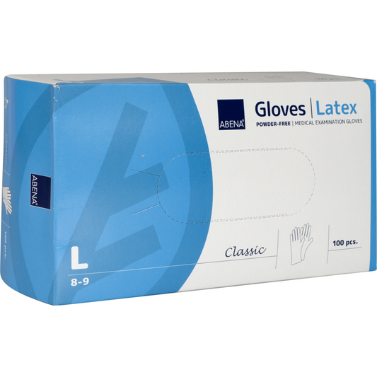 Eine blau-weiße Schachtel Abena Re-Seller GmbH Latex-Handschuhe Classic, Puderfrei, Natur in Größe L (8-9), enthält 100 medizinische Handschuhe mit einer Handgrafik, ideal für den Einsatz in medizinischen Einrichtungen.