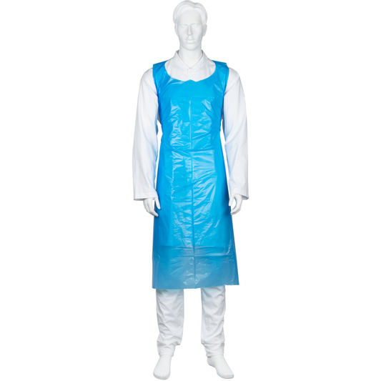 Eine Schaufensterpuppe in einem langärmeligen weißen Outfit trägt eine blaue Abena Re-Seller GmbH Einwegschürze (85x130 cm, 35 my LDPE, Packung 50 Paare) vor einem schlichten weißen Hintergrund.