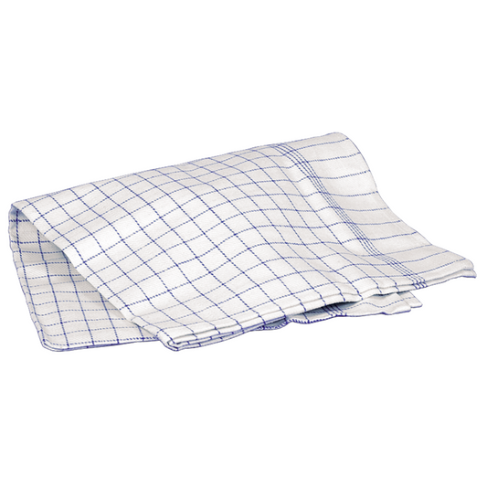 Ein gefaltetes Geschirrhandtuch (50x100 cm) in Blau/Weiß mit blauem Karomuster von Abena Re-Seller GmbH, Packung mit 10 Paaren, abgebildet auf einem schlichten weißen Hintergrund.