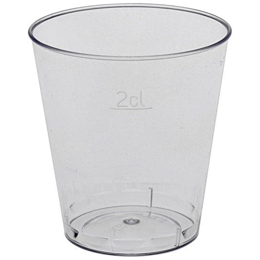 Die Abena Re-Seller GmbH Schnapsgläser, 2 cl, PS, Transparent (Packung mit 50 Paaren) ist ein klares Schnapsglas mit der Aufschrift "2 cl", leer auf weißem Hintergrund abgebildet.