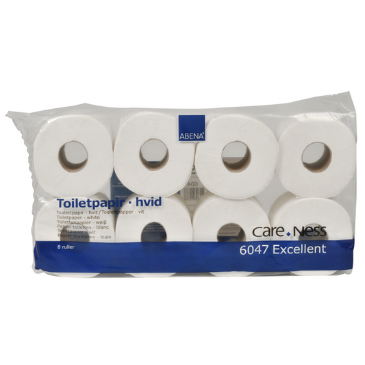 Eine Packung mit acht Stück Abena Re-Seller GmbH Toilettenpapier, 3-lagig, Weiß (9,75 cm x 34,2 m pro Rolle), verpackt in klarem Plastik mit blau-weißer "Toiletpapir hvid", "care. NESS" und der Kennzeichnung "6047 Excellent".