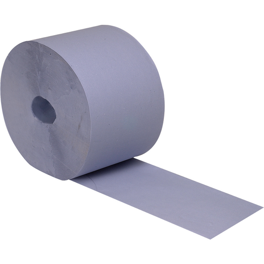 Abgebildet ist eine große, 2-lagige blaue Werkstattrolle (21,2 cm x 360 m) der Abena Re-Seller GmbH mit leicht strukturierter Oberfläche und einem Teil der Rolle, die vorne flach abgerollt ist; erhältlich als Karton mit 2 Packungen.