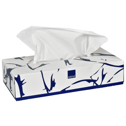 Eine rechteckige Schachtel der Abena Re-Seller GmbH Kosmetiktücher, 2-lagig, 19,5x20 cm, hochweiß (Packung: 100 Paare) mit einem weiß-blauen Design und einem teilweise herausgezogenen Taschentuch - ideal für die Gesichtspflege.