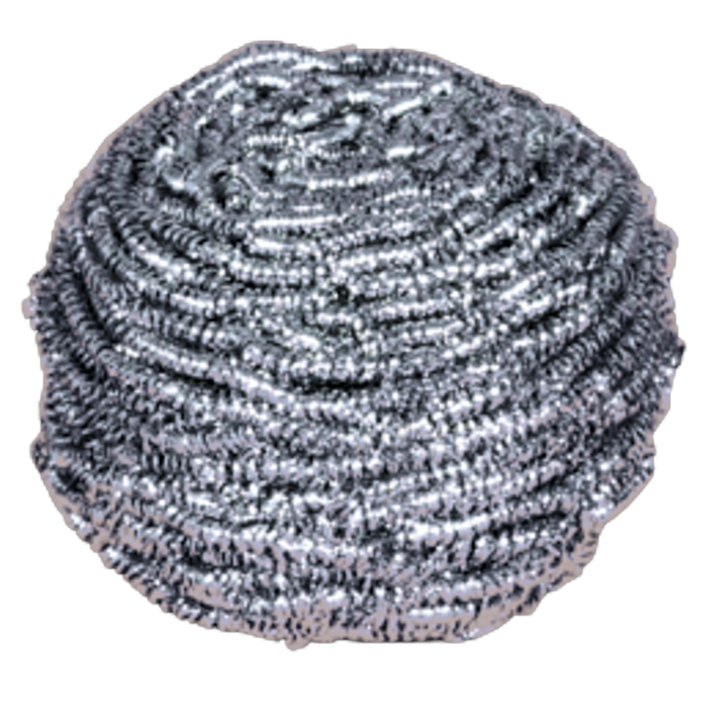 Close-up of an Abena Re-Seller GmbH stainless steel spiral, 60 g, package (10 pieces): a round silver scouring pad made of tightly wound metal threads for cleaning, depicted against a white background.