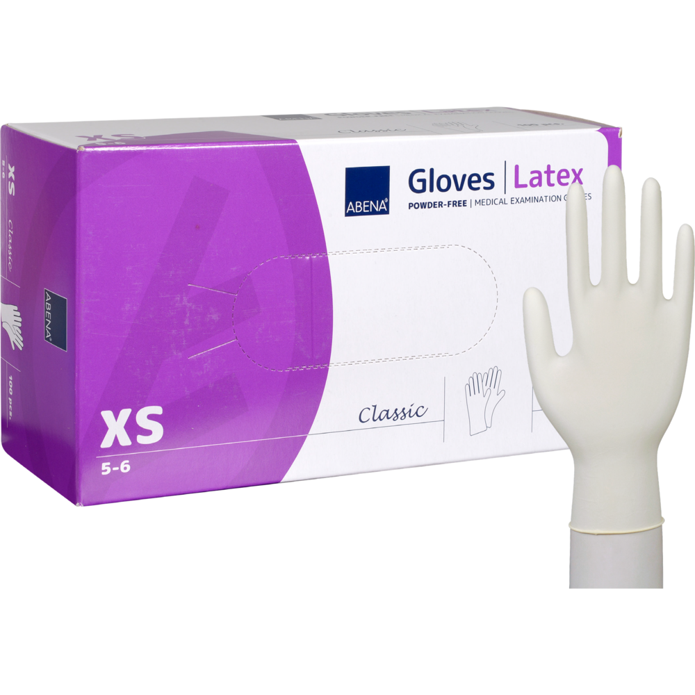 Pictured is a box of Abena Re-Seller GmbH Latex Gloves Classic, powder-free, natural in size XS with a white glove upright next to the white-purple packaging.