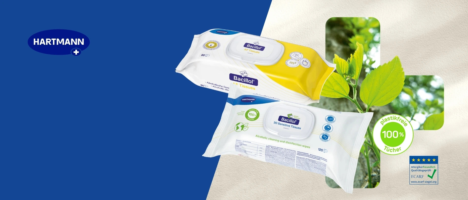 Hartmann Bacillol Desinfektionstücher vor einem natürlichen Pflanzenmotiv, darunter plastikfreie Tücher und Sensitive Tissues.