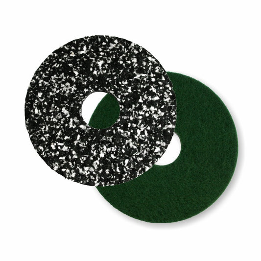Zwei runde Bodenpads der Arcora International GmbH, darunter das Arcora Pu-Pad Orbital 17" mit spezieller grüner Rückseite (5er-Packung), sind überlappend abgebildet - ein schwarzes Pad mit weißen Sprenkeln und ein einfarbiges grünes Pad auf weißem Hintergrund.