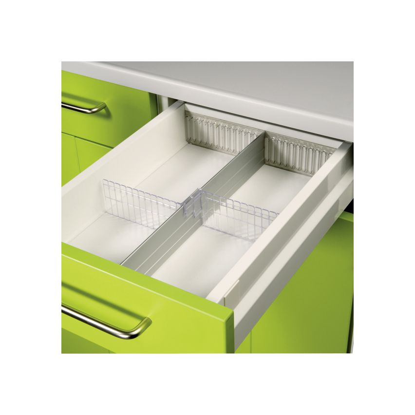In a white drawer with a light green front and a silver handle is the Novocal cross divider for drawers (170 mm, divisible from 100 mm) for a clear arrangement of the contents.