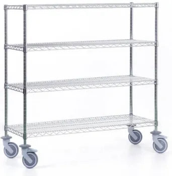 Der Novocal Regalwagen aus Präzisionsstahl, vernickelt und hochglanzverchromt, mit 4 Eckpfosten und 4 Ablagen ist ideal für Lagerung und flexiblen Transport von Waren. Packung: 1 Stück.