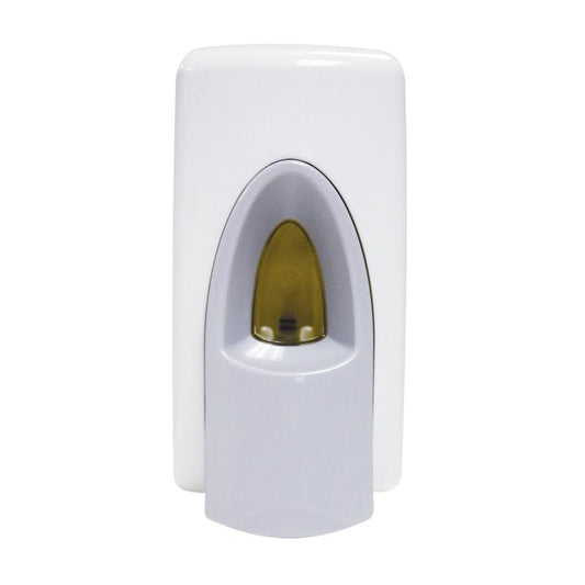 Der Spender für Toilettensitzreiniger von Diversey Deutschland GmbH & Co. OHG ist weiß, zur Wandmontage, mit grauem Hebel und Sichtfenster zur Füllstandsanzeige - schlichtes, funktionales Design. Packung: 1 Stück.