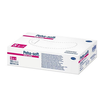 Package of Hartmann Peha-soft® nitrile gloves in size S 6-7, clearly marked as powder-free and latex-free. The packaging is mainly white with blue and pink accents and contains 200 gloves. Product details and reference numbers are visible on the side, manufactured by Paul Hartmann AG.