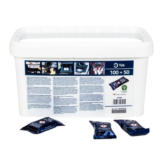 A rectangular white container from Rational AG, labeled “100 + 50” tabs and featuring images of dishwasher instructions, comes with a lid and is included in the package. On the front are three individual blue packets of RATIONAL Care tabs dishwashing detergent for optimal cleaning performance.