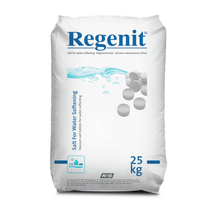Pictured is a 25 kg bag of Regenit salt tablets from K+S Minerals and Agriculture GmbH. The packaging shows images of salt tablets and water, as well as a multilingual text indicating the purpose of the packaging: water softening according to EN 973 Type A.
