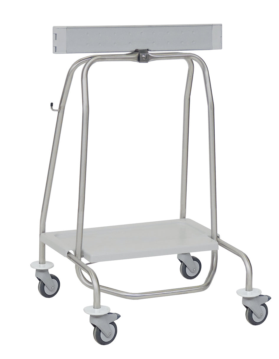 Der Novocal Abfallsammler "Genius" verfügt über einen Metallrohrrahmen, 4 Räder, eine flache untere Ablage, eine obere rechteckige Stange, seitliche Haken und ein Pedal für 40-Liter-Beutel (Klemmring). Geeignet für den medizinischen Gebrauch.