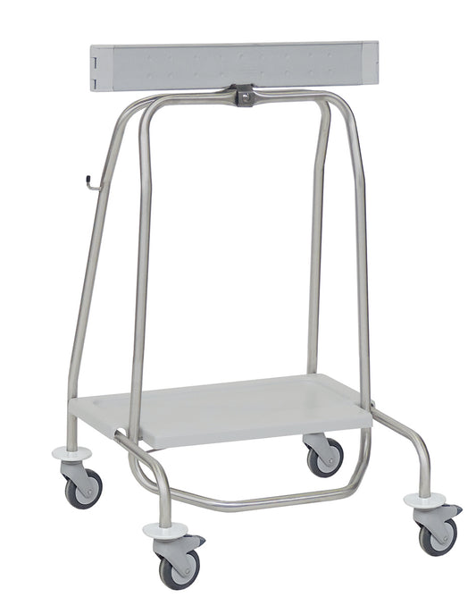 Der Novocal Abfallsammler "Genius" verfügt über einen Metallrohrrahmen, 4 Räder, eine flache untere Ablage, eine obere rechteckige Stange, seitliche Haken und ein Pedal für 40-Liter-Beutel (Klemmring). Geeignet für den medizinischen Gebrauch.