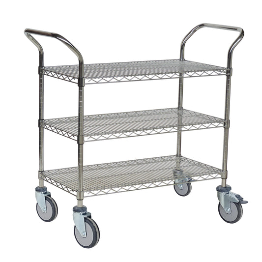 Der Novocal Mehrzweckwagen "Silverline" ist ein Mehrzweckwagen aus Präzisionsstahl, vernickelt und hochglanzverchromt, mit drei Etagen und vier Lenkrollen für effiziente Lagerung und Transport.