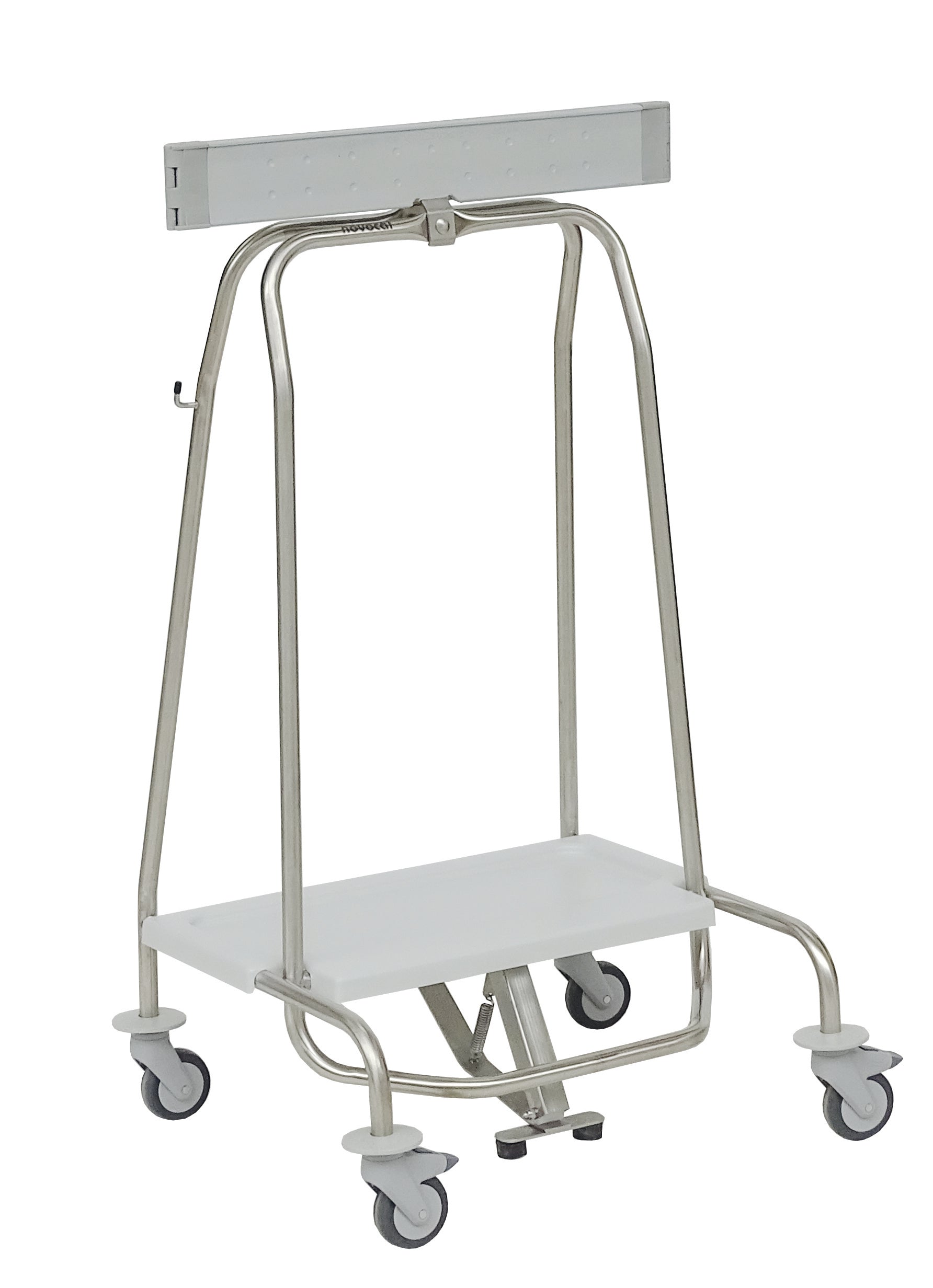 Der Novocal Abfallsammler "Genius" mit Klemmring und Pedal für 70-Liter-Beutel (Format: 57 | Packung mit 1 Stück) verfügt über vier Lenkrollen, eine flache weiße untere Ablage und eine obere Stange, abgebildet auf weißem Hintergrund.