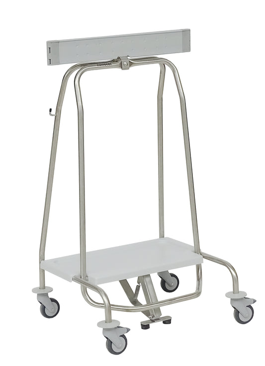 Der Novocal Abfallsammler "Genius" mit Klemmring und Pedal für 70-Liter-Beutel (Format: 57 | Packung mit 1 Stück) verfügt über vier Lenkrollen, eine flache weiße untere Ablage und eine obere Stange, abgebildet auf weißem Hintergrund.